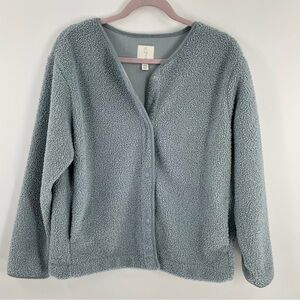 Joie Light Grey Blue Nubby Sherpa Snap Up Pockets Collarless Jacket Casual